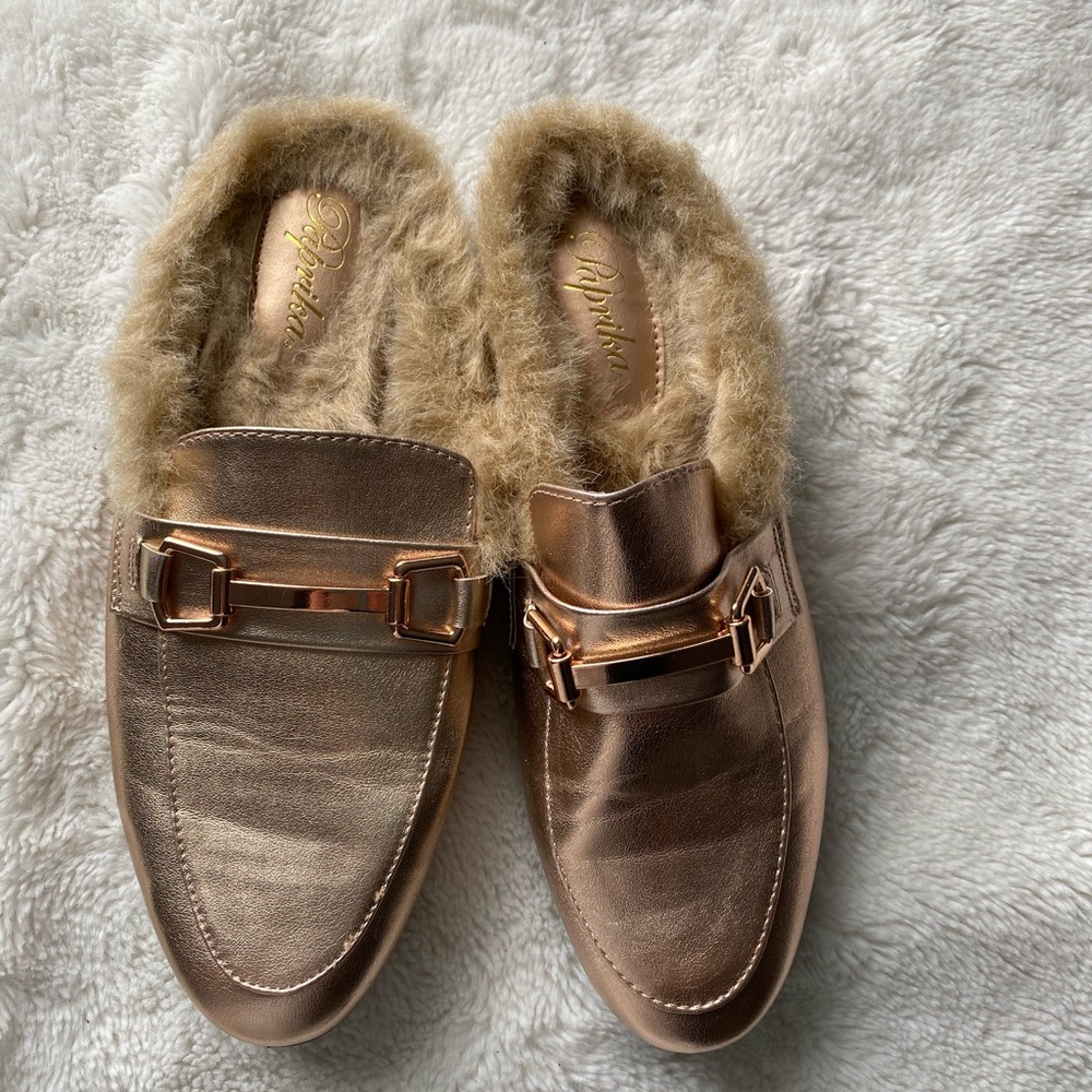 Rose gold fake fur mules